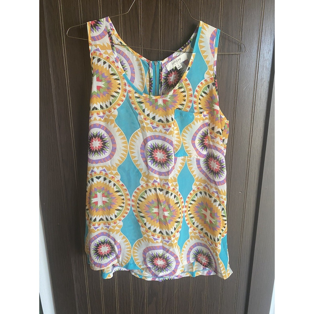 Umgee USA Women Boho Semi Sheer Tank Top Multicolor Geometric Zipper Back Med